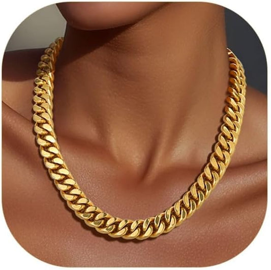 ChainsPro Chunky Cuban Link Chain Necklace for Women,Stainless Steel Silver/Gold Plated Thick Choker, 5/12/14mm Width,18" and 20" Punk Hip Hop Trendy Jewelry Gifts