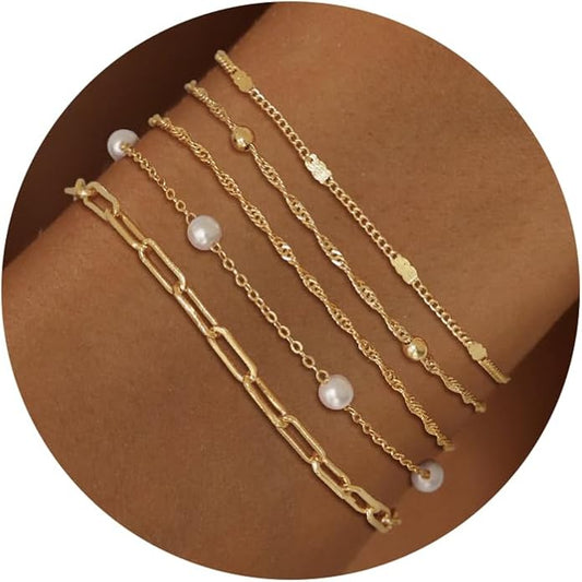 MBW Gold Bracelets for Women Trendy, Dainty 14K Gold Plated Bracelet Stack Beaded Chain Bracelet Set Thin Small Cute Paperclip Bracelets Fashion Waterproof Jewelry Gift Gold Accessories for Women