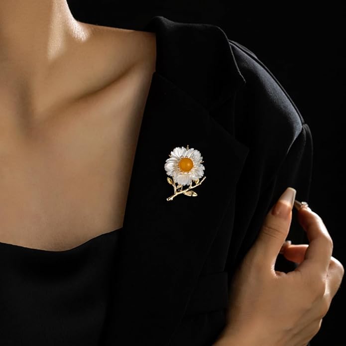 14K Gold Natural Freshwater Pearl Flower Moissanite Brooch, Minimalist Camellia Corsage with Turquoise/Agate, Unique Pin for Suit Accessory, An Elegant Gift