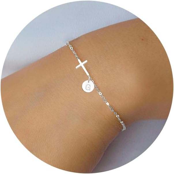 Sotcking Stuffers for Teens, Cross Bracelet for Women Dainty Cross Bracelet with Initials Link Chain Bracelets Christian Gifts for Women Teens Easter Baptism Religious Jewelry