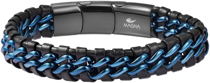 Men's Braided Genuine Leather Link Steel Chain Bracelet