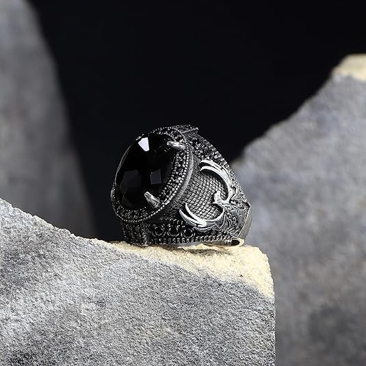 KsrModa 925 Sterling Silver Phoenix Design Men's Ring with Black Zircon Gemstone, Handmade Eagle Silver Ring for Men