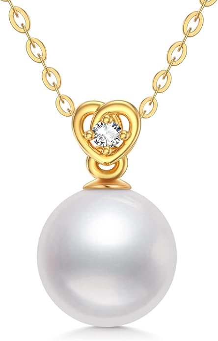 NFYBD 14K Gold Pearl Necklace for Women,9MM Freshwater Cultured White Pearl Heart Pendant Necklaces for Her Wife Mom Gifts for Anniversary Birthday Mothers Day 16+1+1