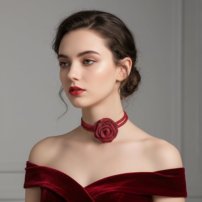 Rose Choker Necklace for Women Gothic Floral Crystal Rhinestone Collar Necklace Short Chain Statement Choker Wedding Party Costume Jewelry Gift for Her