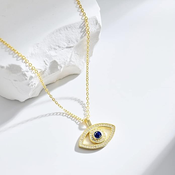 Solid 14K Gold Over 925 Silver Evil Eye Pendant Necklace,Dainty Moissanite and Sapphire Devil's Eye Protection Necklace,Lucky Jewelry Gift for Women
