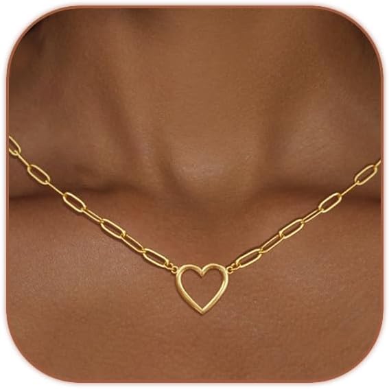 Cute Heart Necklace Dainty 18k Gold Plated Tiny Heart Pendant Choker Necklaces Small Gold Love Open Heart Chain Necklace for Women Simple Gold Necklace for Women Trendy Jewelry