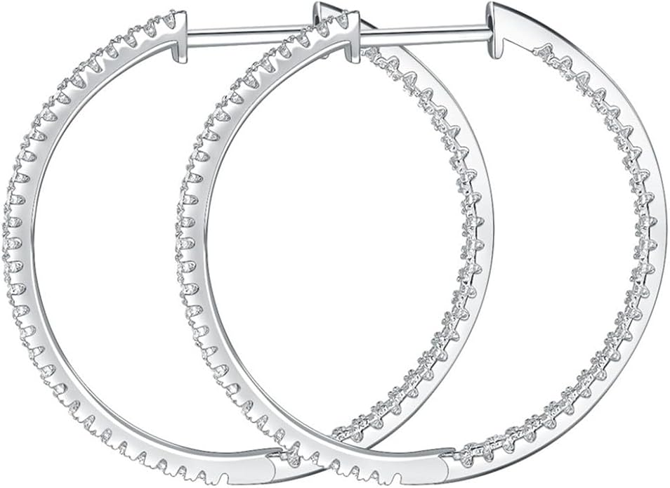 Moissanite Hoop Earrings for Women, S925 Sterling Silver, 18K White Gold Plated, D Color VVS1