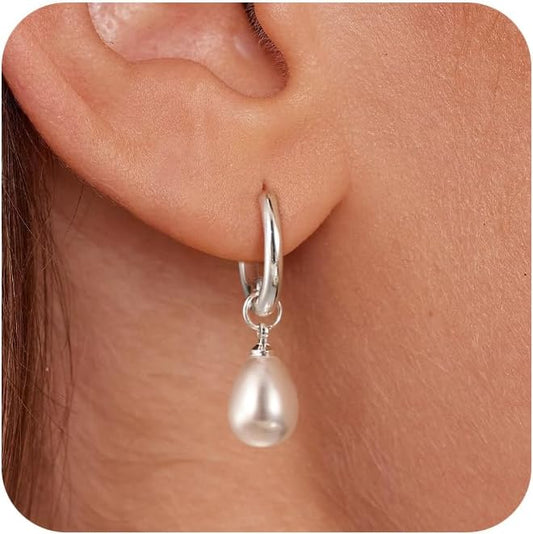 14K Gold Plated Pearl Dangle Earrings for Women, Small Pearl Drop Huggie Hoop Earrings, Hypoallergenic Dainty Gold Wedding Earrings Jewelry Gifts for Women Trendy