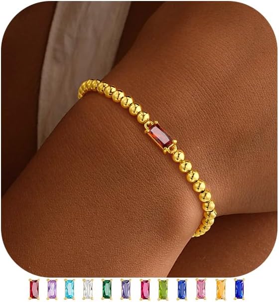 Yoosteel Dainty Birthstone Bracelet for Women - Elastic 14K-Gold-Plated Bead Bracelets Trendy Friendship Birthday Jewelry Gifts Christmas Stocking Stuffer for Women