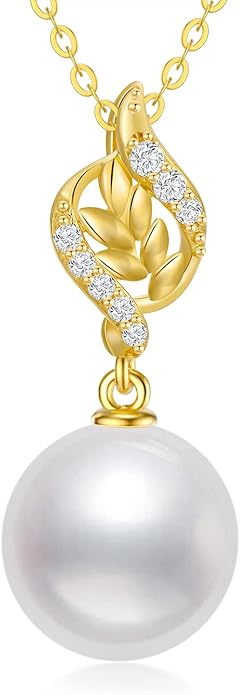 14k Gold Diamond Leaves Pearl Necklace for Women, Anniversary Jewelry for Wife, Birthday Gifts for Her (0.1ct Diamond, 9mm Freshwater Cultured Pearl), 16-18 Inch