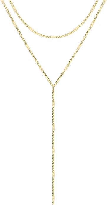 Zeffy Lariat Gold Necklace for Women, Dainty Long Necklace 14k Gold/Silver Plated Layered CZ Beaded Bar Chain Y-Shaped Body Chain Stack Drop Wedding Necklace Trendy Simple Gold Jewelry Gifts