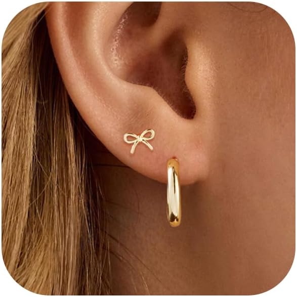 Gold Hoop Earrings Set for Women Trendy, 14K Gold Plated Chunky Hypoallergenic Small Diamond Cartilage Hoops Cute Cubic Zirconia Dangle Stud Earrings Jewelry Gifts