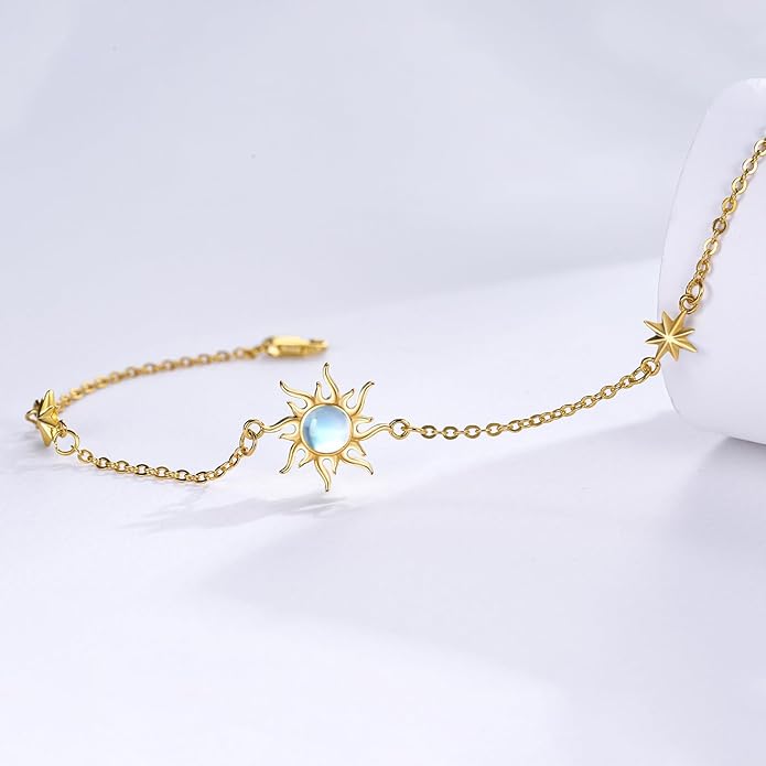 Sun Bracelet/Anklet 925 Sterling Silver Moonstone Star Sunburst Adjustable Ankle Bracelet Star Celestial Jewelry for Women Daughter Friend Sister