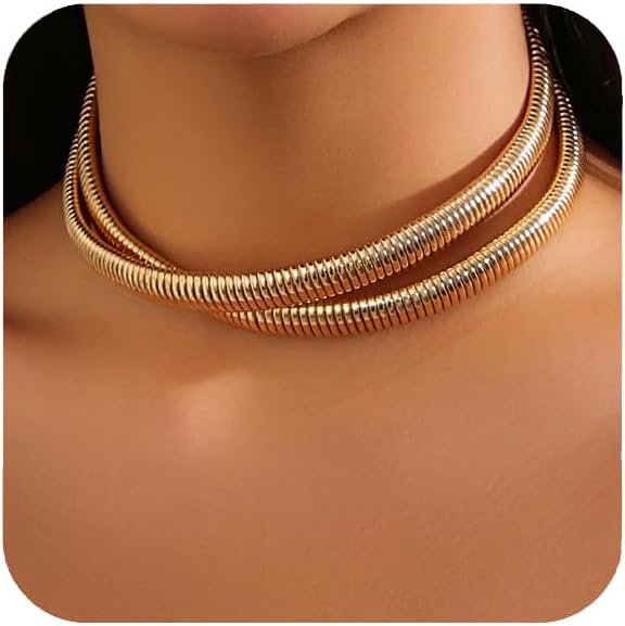 Chunky Gold Choker Necklace for Women, 14K Gold Plated Snake Chain Statement Necklace Triple Twsited Layered Choker Necklaces Jewelry Gifts
