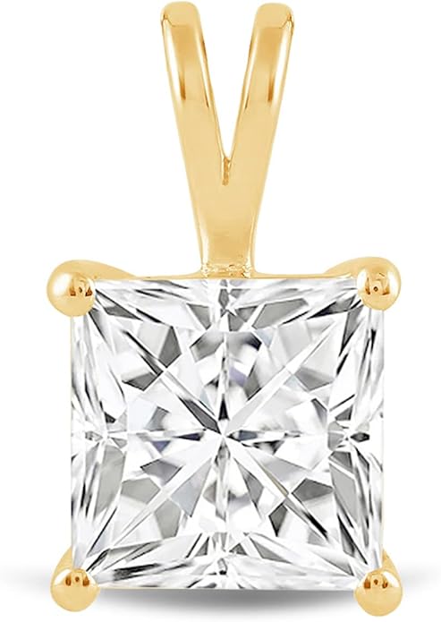 Everyday Elegance Solid 14K Gold Cubic Zirconia Solitaire Pendant Necklace for Women Heart, Princess, Round, Oval, Emerald, Pear & Cushion Cut 1 or 2 CTW | .60mm Thick 16" 18" Length Box Link Chain