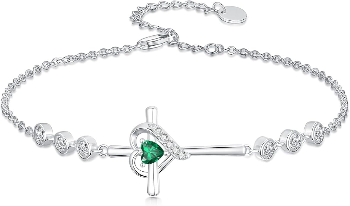 Cross Birthstone Charm Link Bracelet 925 Sterling Silver Cross Bracelet with 12 Months Birthstone Religious Christian Jewelry Gifts for Women Mom Her,Chain Length 7"+2" Extend