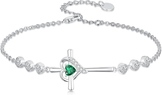 Cross Birthstone Charm Link Bracelet 925 Sterling Silver Cross Bracelet with 12 Months Birthstone Religious Christian Jewelry Gifts for Women Mom Her,Chain Length 7"+2" Extend