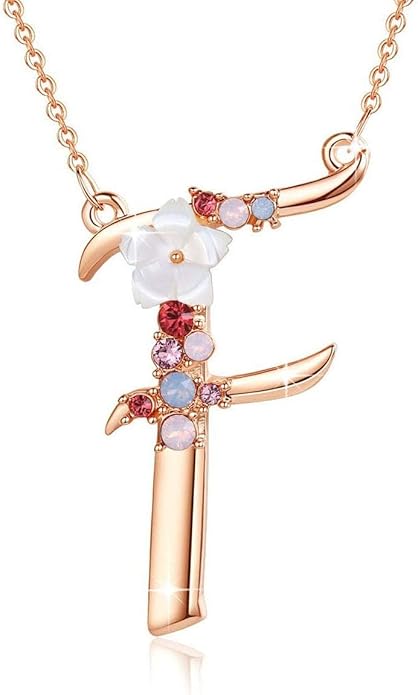 Flower Initial Letter Necklace Pink Red Blue Simulated Pearl Pendant Name Jewelry Made with Austrian Crystals Rose Gold Plated Anniversary Birthday Gifts for Women,18"+2"