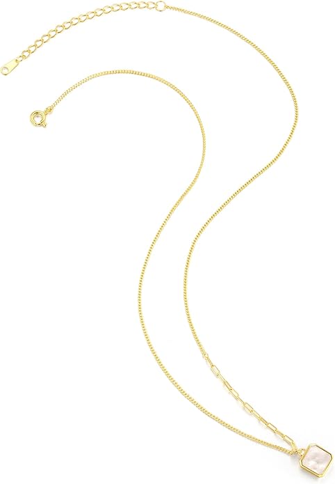 SUNFEEL Mother of Pearl Pendant Necklace 14K White/Yellow Gold Plated Sterling Silver Necklace for Women Dainty Jewelry Gifts for Mom Wife Girlfriend, Length 16+2 Inch