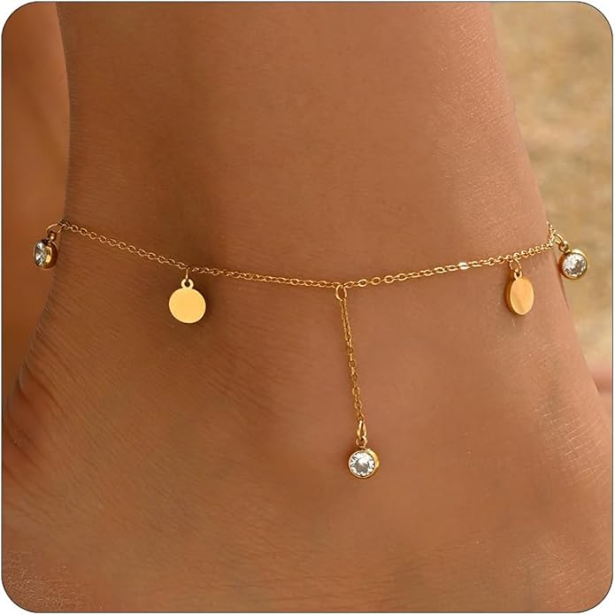 Anklet Bracelets for Women 18K Gold Plated Tennis Anklets Dainty Sapphire Paperclip Pearl Sequin Droplet Adjustable Large Anklet Bracelets Simple Beach Summer Waterproof Foot Jewelry