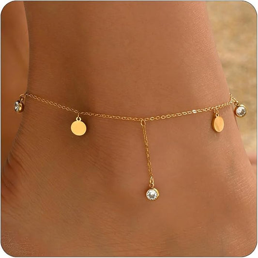 Anklet Bracelets for Women 18K Gold Plated Tennis Anklets Dainty Sapphire Paperclip Pearl Sequin Droplet Adjustable Large Anklet Bracelets Simple Beach Summer Waterproof Foot Jewelry