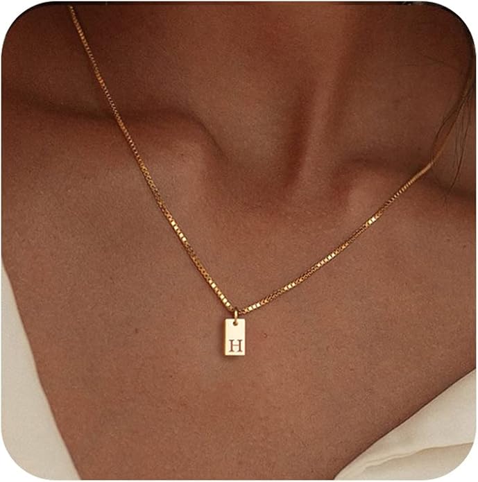Initial Necklaces for Women 14K Gold Plated Letter Necklace Dainty Gold Name Necklace Personalized Initial Tag Pendant Necklace for Women Trendy Gold Jewelry
