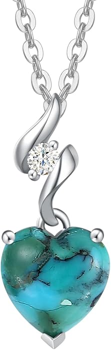 AGVANA 14K Solid White Gold Diamond Gemstone Pendant with Sterling Silver Chain 8mm Heart Birthstone Necklace Fine Jewelry Anniversary Birthday Gifts for Women Mom Wife