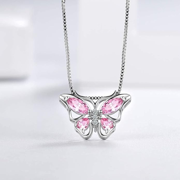 Aurora Tears Butterfly Birthstone Pendant Necklace - Women 925 Sterling Silver Butterflies Birthstone Pendant Necklace Jewelry Birthday Gift for Women