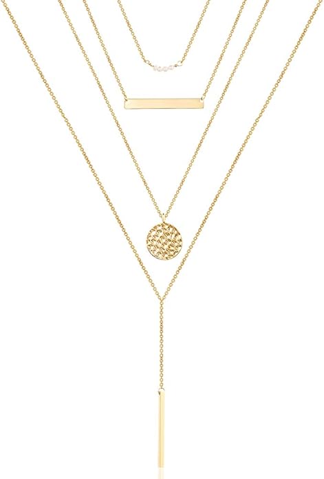 Turandoss Dainty Layered Choker Necklace, Handmade Y Pendant Necklace Multilayer Bar Disc Necklace Adjustable Layering Choker Necklaces for Women
