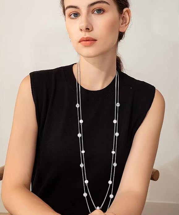Silver Layered Long Necklace for Women Pearl Crystal Sweater Strand Chain Necklaces Fashion Gifts