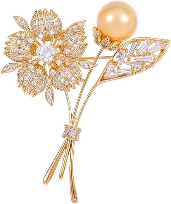 14K Gold Crystal Flower Brooch with Shiny Pearls - Exquisite Floral Pin, Versatile Gift for Mother's Day, Valentine's, or Friendship Celebrations