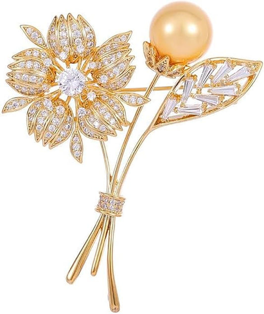 14K Gold Crystal Flower Brooch with Shiny Pearls - Exquisite Floral Pin, Versatile Gift for Mother's Day, Valentine's, or Friendship Celebrations