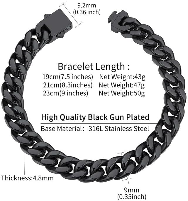 ChainsHouse Stainless Steel Cuban Link Bracelet for Men, 5mm/7mm/9mm/12mm Width, 7.5"/8.3"/9" Length, Black/18K Gold Plated Chain Wrist Bracelets for Men, with Gift Box