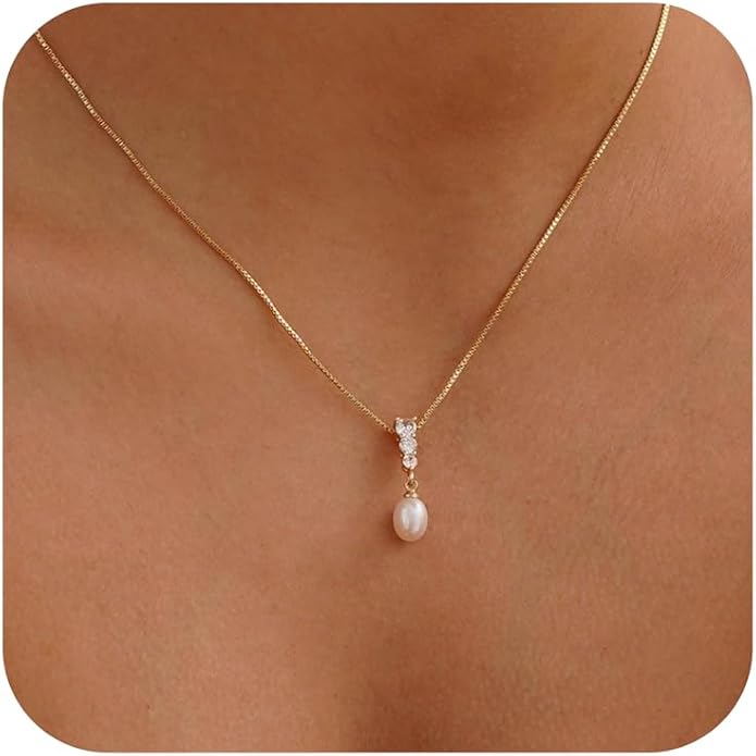 Pearl Necklaces for Women Trendy,14k Gold Plated Pearl Pendant Necklace Dainty Wedding Necklace Small Cute Gold Choker Necklace for Women Non Tarnish Gold Prom Jewelry Fashion Bridesmaids Gifts