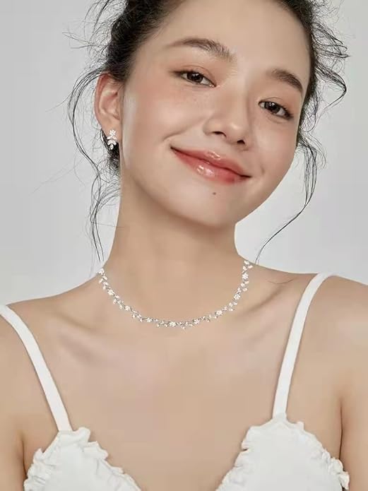 Austrian Crystal Rhinestone Choker Necklace Dangle Earring Link Bracelet Jewelry Set for Brides Bridesmaid Prom Costume Accessories for Women