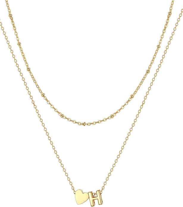 FOCALOOK Layered Initial Necklace for Women, 14K Gold Plated Choker Necklaces Stacks with Initial A-Z, Dainty Silver Heart Pendant Necklace Personalized Birthday Women Jewelry
