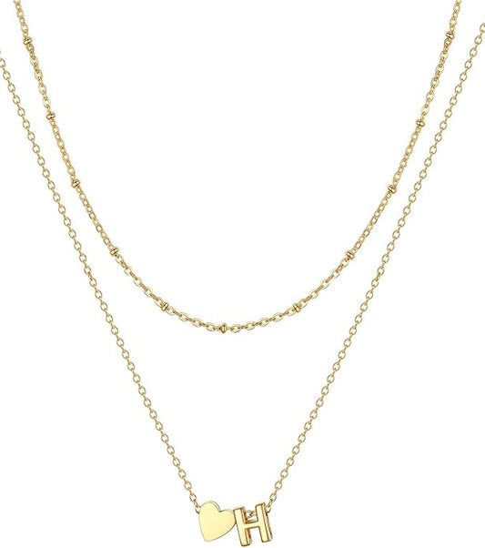 FOCALOOK Layered Initial Necklace for Women, 14K Gold Plated Choker Necklaces Stacks with Initial A-Z, Dainty Silver Heart Pendant Necklace Personalized Birthday Women Jewelry