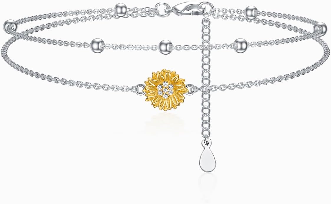 Diamond Sunflower Bracelet 925 Sterling Silver Sunflower Bracelet Gift for Women Mom Wife,7"+2"