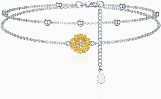 Diamond Sunflower Bracelet 925 Sterling Silver Sunflower Bracelet Gift for Women Mom Wife,7"+2"