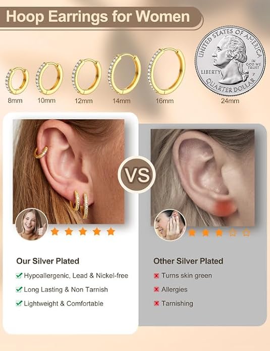 Kakonia 5 Pairs Small Sterling Silver Hoop Earrings Set for Women, 18k Gold Plated Huggie Hoop Earrings, Lightweight Hoop Earrings for Women Hypoallergenic, Cartilage Earring Sets for Multiple Piercing