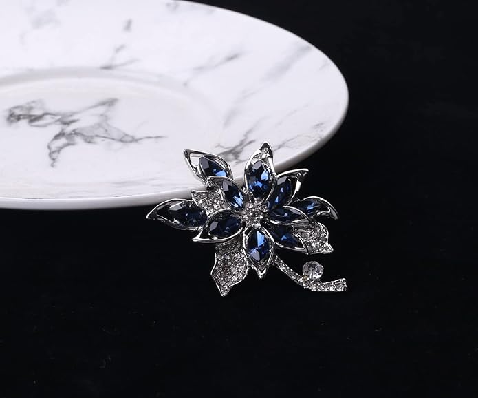 Blue Crystal Brooch Pins Fancy Vintage Style Rhinestone Flower Brooches Jewelry Gift for Women, girls, ladies