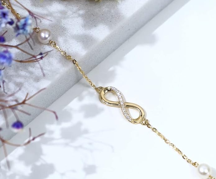 14k Gold Natural Diamond Infinity Anklets for Women, Real Gold Pearl Jewelry Ankle Bracelet Gifts for Her, 9.4-11 Inch