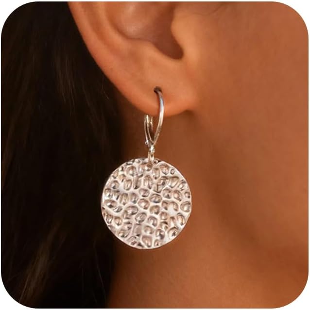 ALEXCRAFT 925 Sterling Silver Dangle Earrings for Women, 14K Gold Plated Geometric Flat Round Disc Hammered Coin Drop Earring Hypoallergenic Lightweight Leverback Earrings for Women Trendy Jewelry
