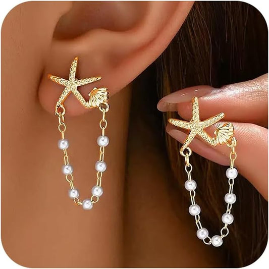 Freekiss Gold Chain Studs Earrings for Women Trendy: Hypoallergenic 14K Gold Plated Dangle Earrings Dainty Small Long Chain Earring Set Fashion Gold Jewelry for Women
