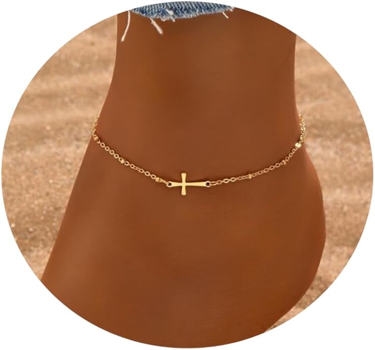 Dainty Ankle Bracelets for Women 18K Gold Plated Satellite Beaded Herringbone Chain Anklets Simple Lip Chain Anklet Minimalist Summer Beach Foot Jewelry Christmas