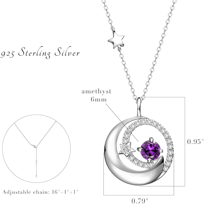 FANCIME Birthstone Necklaces 925 Sterling Silver Moon and Star Pendant Fine Jewelry Birthday Christmas Gifts for Mom Wife Her Daughter, Adjustable Chain 16+2"