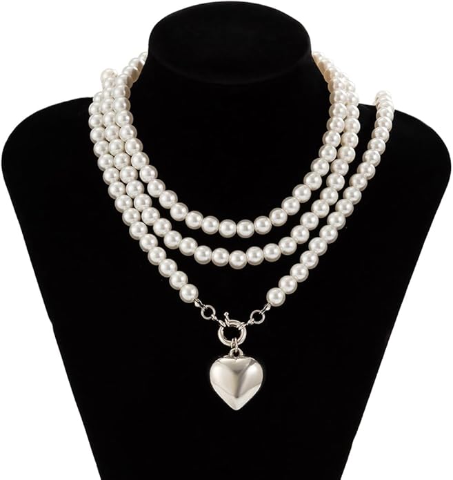 Chunky Gold Heart Necklaces for Women Long Pearl Heart Pendant Necklace Layered Puffy Love Pearl Choker Necklace Trendy Y2k Jewelry Accessory Gifts
