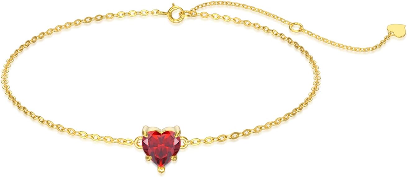14k Gold Love Heart Gemstone Bracelet for Women,7MM Heart-cut Created Birthstone Anniversary Birthday Mother's Day Bracelets Jewelry for Mom Her 6.5''+2''
