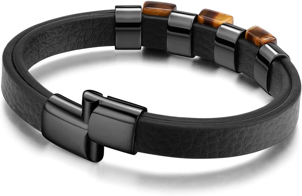 Leather Beads Bracelet Personalized Custom Bracelets for Men Leather Engraved Tiger Eye Initial Beacelet Gift for Husband Dad Mens Jewelry Gifts Valentines Christmas Birthday Fathers Day