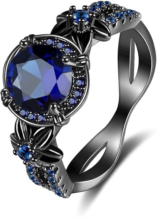 Gothic Black Rings for Women, Mystic Rainbow Topaz with Created Amethyst Flower Goth Black Gold Wedding Engagement Ring Size 6 to 11